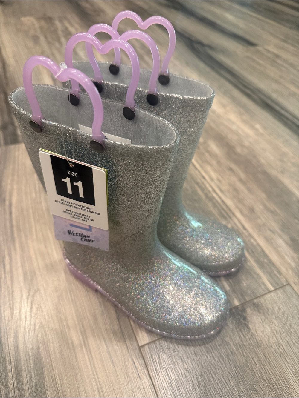 Western Chief Glitter Kids Rain Boots with Heart Handles - Silver and Lavender
